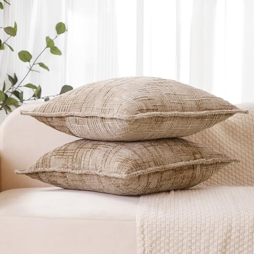 Chenille Throw Pillow Covers 18x18 Inch (Chenille-light Brown / 18" x 18" (Pack of 2))