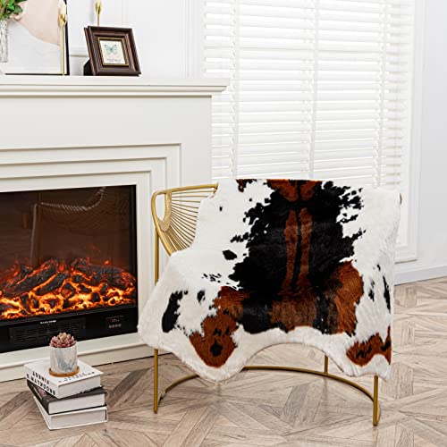 Faux Cowhide Rug Cow Print Area Rug Premium Faux Animal Skin Hide Rugs Tricolor Decor Carpet Non (Brown Cow Print - 43.3x33.4inch)