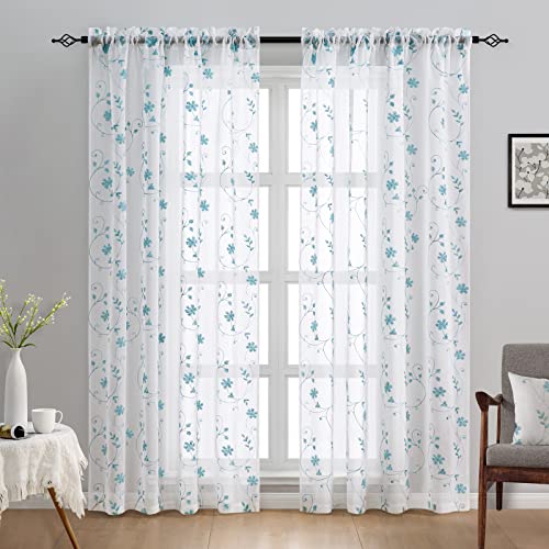 White and Blue Embroidered Floral Sheer Curtains 84 Inches Long 2 Panels Flower Pattern Semi Sheer Window Curtains for Bedroom Living Room (52"W x 84"L (Pack of 2) / White & Blue)