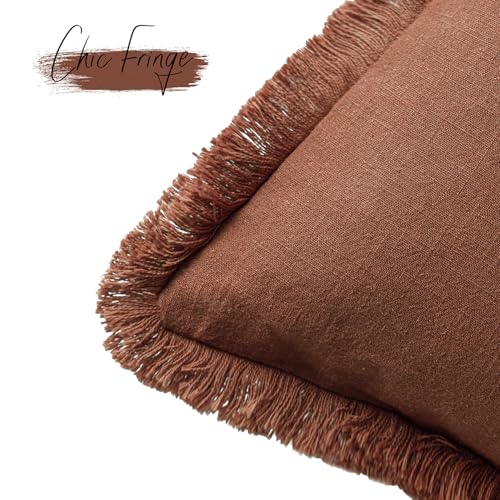 Decorative Linen Fringe Throw Pillow Covers 20×20 Rust Orange (20" x 20" (Pack of 2) / Late Autumn)
