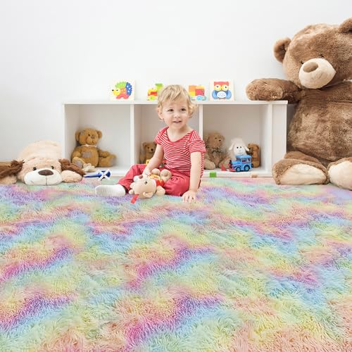 Fluffy Rainbow Colorful Area Rug for Living Room 6x9 Kawaii Tie Dye Rug Fuzzy Indoor Floor Unicorn Rug for Bedroom Girls Kids Nursery Baby Princess Room Dorm Home Decor Aesthetic Carpets (Tie-dyed Rainbow / 6' x 9' (Rectangular))