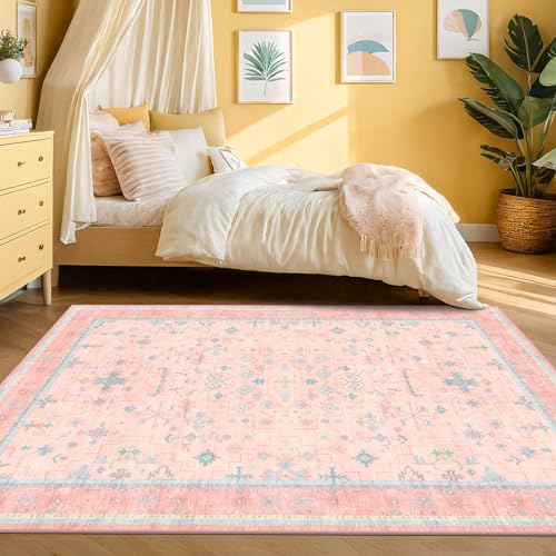 Washable Pink and Blue 6x8 Boho Rugs for Bedroom Girls (6' x 8' (Rectangular) / Pink / Blue)