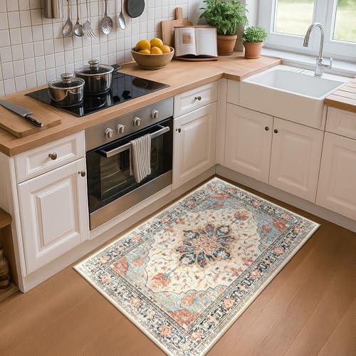 Washable Area Rug (Beige/Blue/Orange / 2' x 3' (Rectangular))