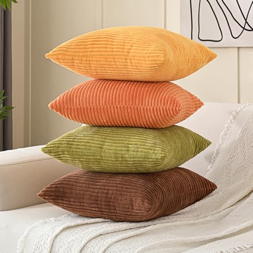 Set of 4 Fall Orange Corduroy Throw Pillow Covers 20x20 Inch (Yellow Orange / 20" x 20" (Pack of 4))