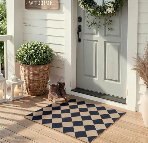 Checkered Easy Jute Non Slip Front Door Mat (2' x 3' (Rectangular) / Black/Checkerboard -2)