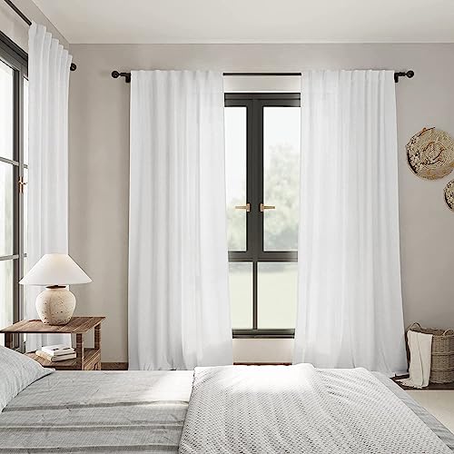 White Linen Curtains 96 Inches Long 2 Panels Set Back Tab Rod Pocket Semi Sheer Light Filtering Window Curtain Drapes Neutral Modern Aesthetic Long Curtains for Living Room Bedroom Decor 42x96 (42"W x 96"L (Pack of 2) / White)