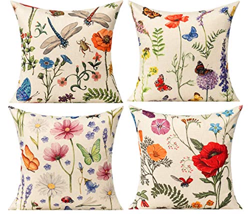 Outdoor Patio Throw Pillow Covers 20x20 Set of 4 Spring Summer Garden Flowers Farmhouse Décor Outside Furniture Bench Chair Decorative Cushion Cases for Swing Deep Seat Bed Couch Sofa (20x20)