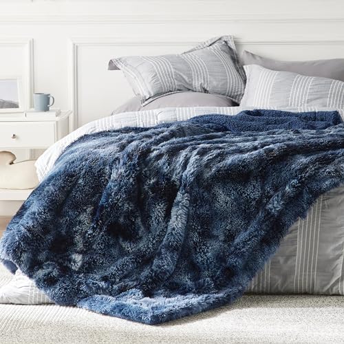 Faux Fur Fluffy Sherpa Fleece Bed Blanket Tie Dye Navy 108"x90" (05- Tie Dye Navy / King (108" X 90"))