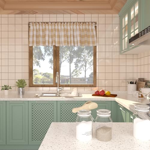 Beige and White Short Christmas Curtains For Windows Treatment Buffalo Check Plaid Valances Gingham 2 Pack Tiers Rod Pocket Decor Curtains Over Sink For Kitchen (34"W x 16"L (Pack of 2) / Beige and White)