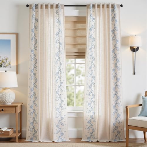 Floral Linen Curtains 96 Inch Farmhouse Back Tab 2 Panels (Vine | Sky Blue / 50"W x 96"L (Pack of 2))
