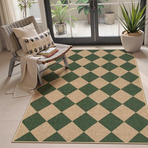 Checkered Easy Jute 3x5 Outdoor Patio Rug (3' x 5' (Rectangular) / Deep Green/Nature-2)