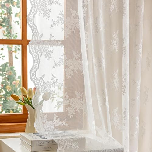 White Lace Tier Curtains 36 Inch Length for Cafe Over Sink (White / 26"W x 36"L (Pack of 2))
