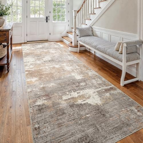 4x12 Runner Rug Washable Abstract (Brown/Brick / 4' x 12')