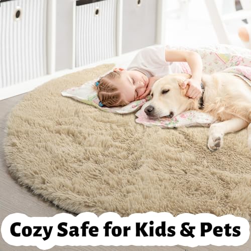 Beige Boho Round Circle Fluffy Area Rug 4Ft for Bedroom Nursery (Beige / 4' (Round))