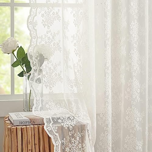 Vintage Lace Curtains Elegant Flower Off White 132 inch Curtains 1 Pair Extra Long Cream Colored High Ceiling Drapes for Large Windows Patio Sliding Door 11 Foot 52" W x 132" L Ivory (Ivory / 52"W x 132"L (Pack of 2))