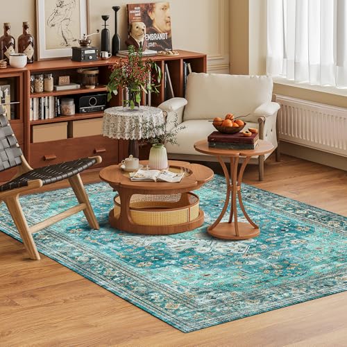 Washable Area Rug 4' x 6' Vintage Traditional Persian Mat (Teal and Gold / 4' x 6' (Rectangular))