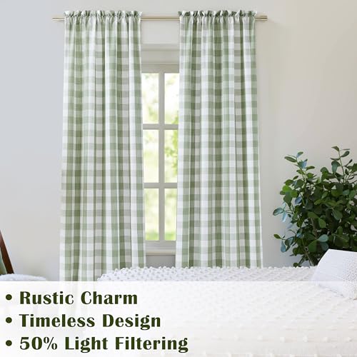 Sage Green Buffalo Plaid Semi Sheer Curtain Panels 84 Inches Long (Sage Green/White / 52"W x 84"L (Pack of 2))