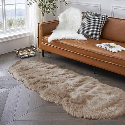 Runner Faux Fur Rug Camel Beige 2x6 Rugs Fluffy Furry Washable Sheepskin Rug Small Area Rugs for Living Room Sofa Bedroom Carpets Sheepskin (2' x 6' (Sheepskin) / Beige)
