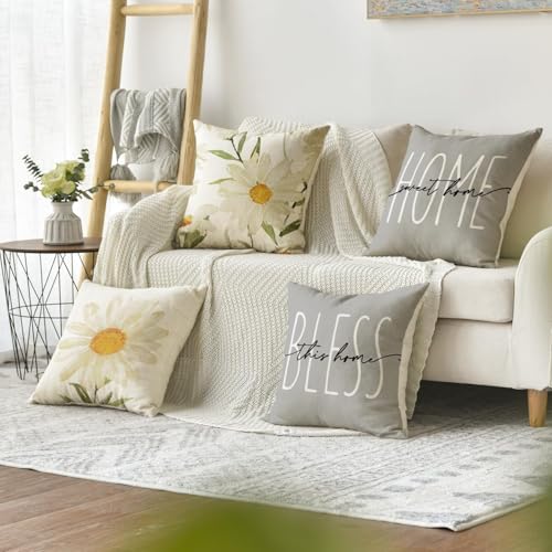 Home Sweet Home Spring Summer Flowers Throw Pillow Covers (Grey / 20" x 20" (Pack of 4))