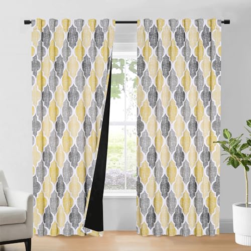 Moroccan 100% Blackout Curtains Bedroom Yellow Grey 50x84 2 Panels (Rod Pocket | Yellow and Grey / 50"W x 84"L (Pack of 2))