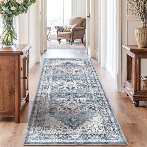Amada 2'6" x 8' Washable Runner Rug for Hallway (2'6" x 8' (Runner) / Blue)