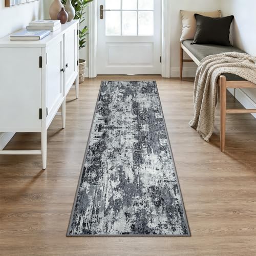 Washable Runner 2'x7' Abstract Area Rug for Hallway Black White (Black/Navy Blue/Gray / 2' x 7' (Runner))