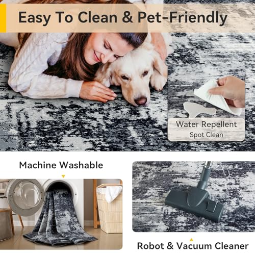 Washable 5'x7' Abstract Area Rug for Living Room Black White (Black/Navy Blue/Gray / 5' x 7' (Rectangular))