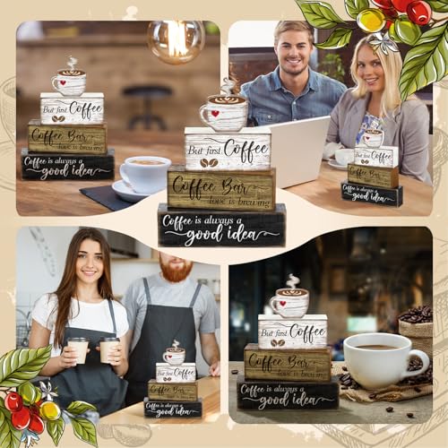 4 Pcs Coffee Bar Sign Wooden Blocks with Cup Topper Coffee Decor (Coffee Bar)