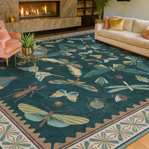 Insect Boho 7X9 Washable Living Room Rug (7' x 9' (Rectangular) / Teal)