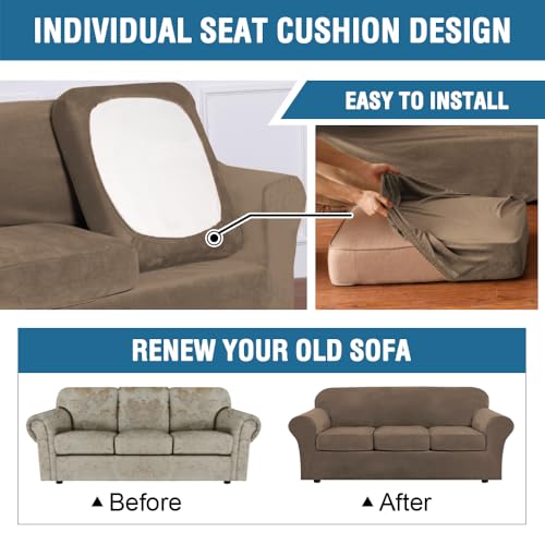 Real Velvet Plush 3 Piece Stretch Sofa Covers Couch Covers for 2 Cushion Couch Sofa Slipcovers Width Up to 90 Inch Feature Thick Soft Stay in Place (2 Cushion Sofa / Mocha)