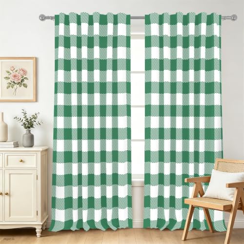 53 x 84 Inch Linen Buffalo Plaid Check Curtains Blackout Room Darkening Thermal Insulated Green Buffalo Checkered Window Drapes Farmhouse Bedroom Living Room Rod Pocket Tab Curtain 2 Panels (Green / 53"W x 84"L (Pack of 2))