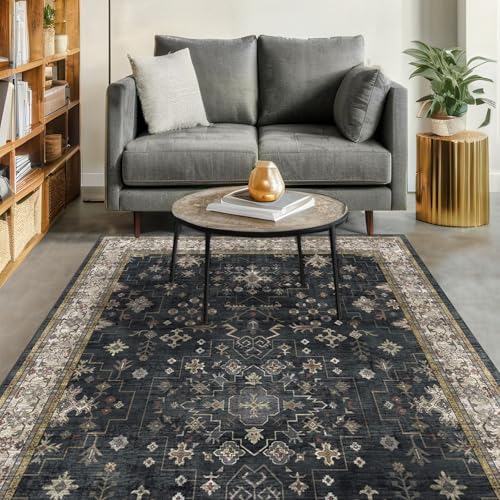 Black Farmhouse Washable 7x10 Area Rugs for Living Room (7' x 10' (Rectangular) / Ashen / Multi)