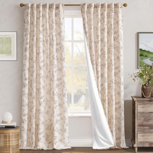 Taupe Floral Linen Curtains Lined 96 Inch Vintage Back Tab 2 Panels (Charlotte Taupe / 50"W x 96"L (Pack of 2))