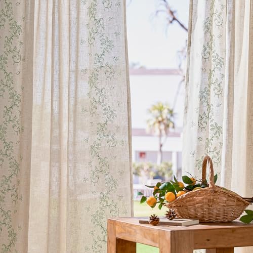 Floral Linen Curtains 63 Inch Farmhouse Back Tab 2 Panels (Vine | Sage / 50"W x 63"L (Pack of 2))