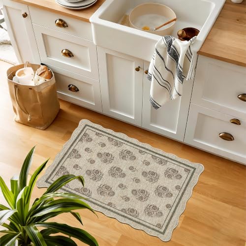 Scalloped Easy Jute 2x3 Area Rug Vintage Brown Block Floral Doormat (3' x 2' (Rectangular) / Cognac Brown)