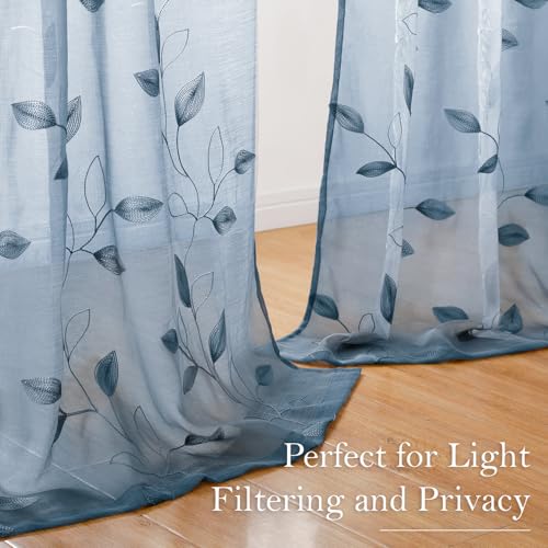 Stone Blue Sheer Curtains Floral Embroidered (52"W x 84"L (Pack of 2) / Stone Blue)