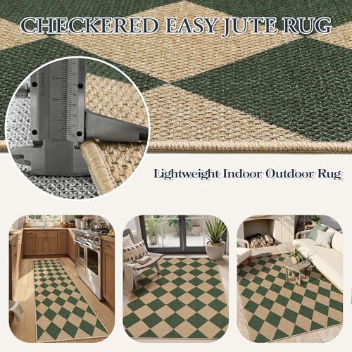 Checkered Easy Jute 3x5 Outdoor Patio Rug (3' x 5' (Rectangular) / Deep Green/Nature-2)