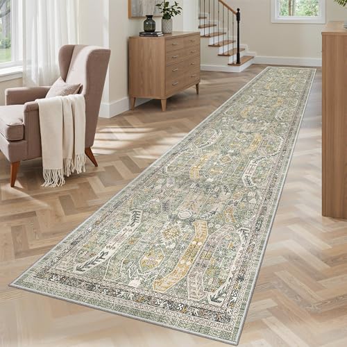 Washable Runner Rugs 2x10 Long for Hallway Kitchen (Green/Gold / 2' x 10' (Runner))