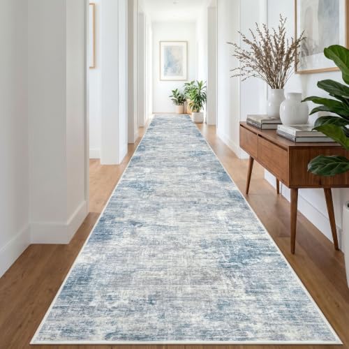 Abstract Runner Rug 3x20 Ft Extra Long Washable Runners for Hallways (Light Blue/Grey/White / 3' x 20' (Rectangular))