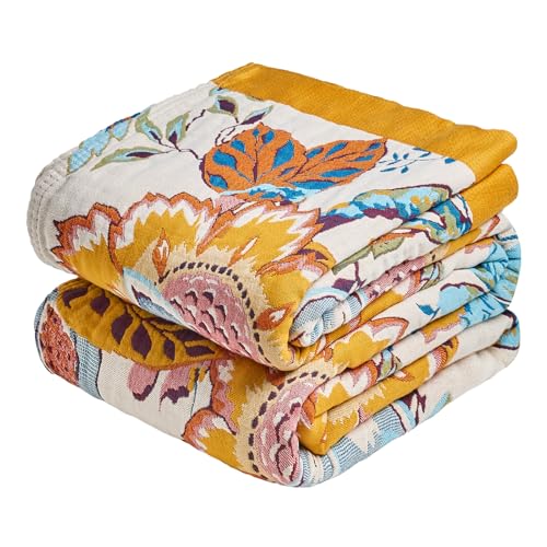 Boho Throw Blanket 90"x108" 100% Cotton Floral Blanket King Bed Decor (Opera Bloom / 108"x90")