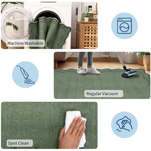 3x5 Scalloped Washable Area Rug Non Slip Bedroom Entryway Rug (Green / 3' x 5' (Rectangular))