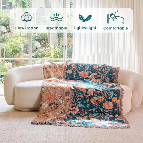 Boho Throw Blanket 50"x60" Cotton Birds Floral Blanket for Couch (Flowers Birds / 50"x60")