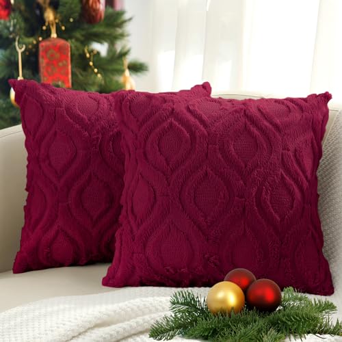 Faux Fur Plush Soft Burgundy Throw Pillow Covers 16x16 Set of 2 (16" x 16" (Pack of 2) / Burgundy)
