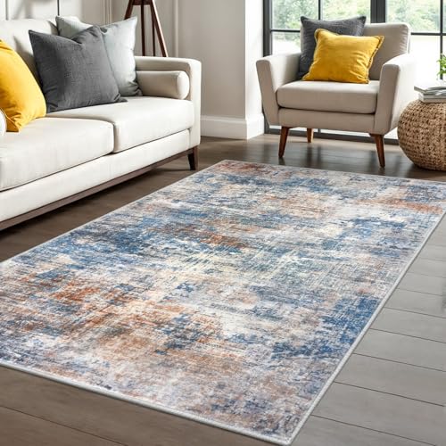 Abstract Area Rug 4x6 Ft Washable Rugs for Entryway Indoor (Blue/Rust/White / 4' x 6' (Rectangular))