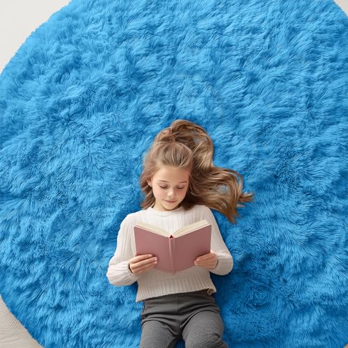 Bright Blue Round Rugs for Bedroom (6 Ft Round / Bright Blue)
