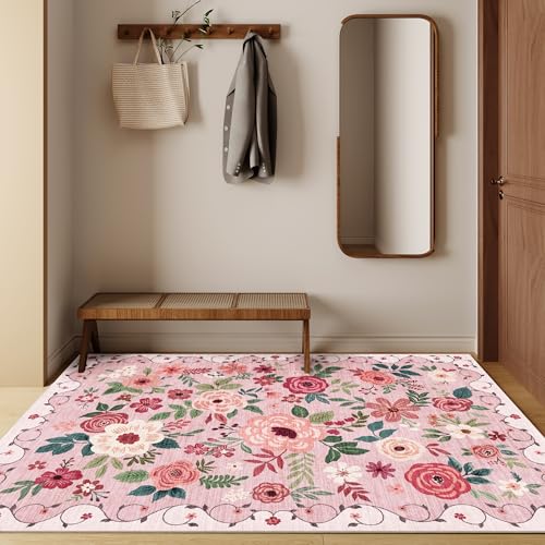 3x5 Area Rug Floral Washable Rug for Bedroom Non Slip (Pink / 3' x 5' (Rectangular))