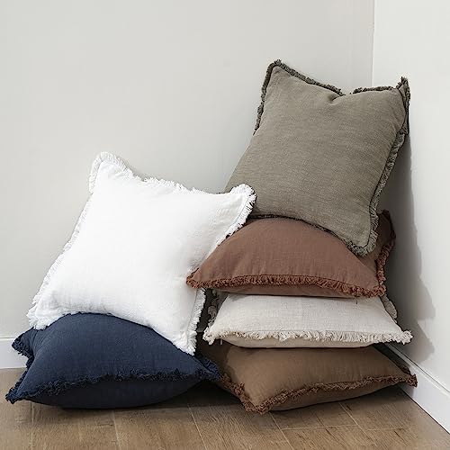 Decorative Linen Fringe Throw Pillow Covers 16×16 Inch (16" x 16" (Pack of 2) / White)