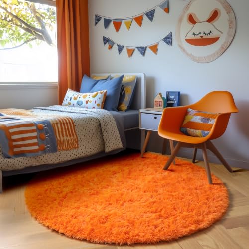 Orange Round Shag Kids Rug 4Ft for Bedroom Living Room Classroom (Orange / 4' (Round))