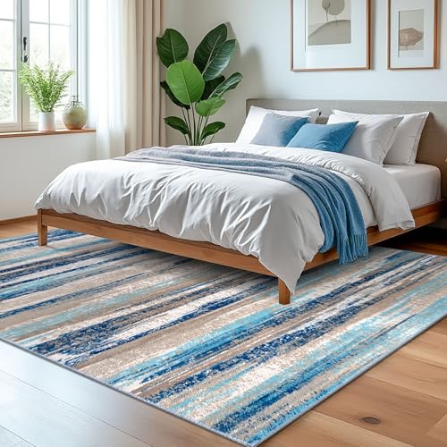 Washable Abstract 5x7 Area Rug for Living Room Non Slip Bedroom Rug (Blue Aqua/Beige Taupe Multi / 5' x 7' (Rectangular))