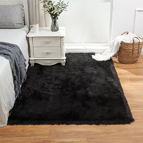 Ultra Soft Fluffy Shaggy Area Rug Faux Fur Rug Chair Cover Seat Pad Fuzzy Area Rug for Bedroom Floor Sofa Living Room (Black / 4' x 6' (Rectangular))